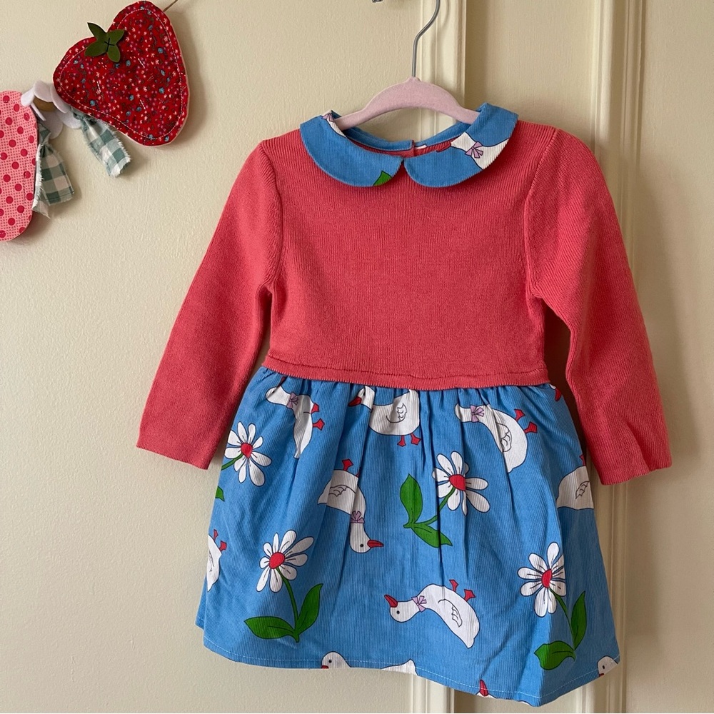 Baby Boden knitted corduroy collared Easter dress with Goose Print 3-6 months